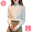 フリル ロングブラウス 長袖 襟付 シャツ ロングスリーブ レディース オフィス カジュアル オシャレ かわいい 春 秋 夏 前開き ボタン ホワイト おしゃれ かわいい 白 エレガント 優雅 薄手 通勤 OL レース シースルー YJSO
