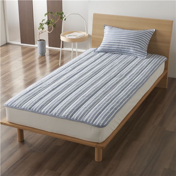(インボイス対応)先染めストライプ リネン100%敷きパッド シリカゲルシート入り 約140x200cm ブルー【代引不可】