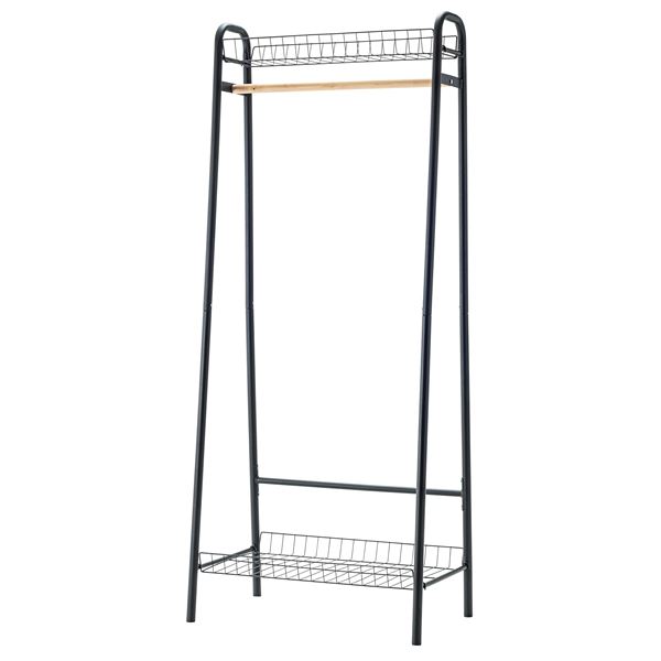 (インボイス対応)ハンガーラック 衣類収納 幅70cm ブラック 木製 スチール 収納かご付き 組立品 リビング ベッドルーム インテリア家具