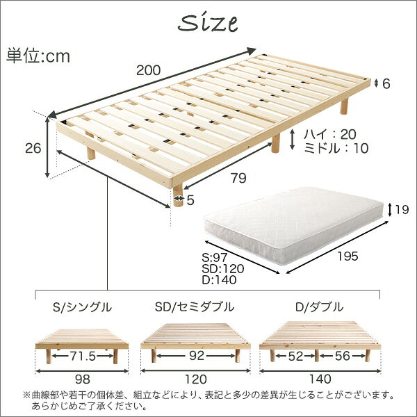 (インボイス対応)すのこ ベッド シングル 幅約98cm ポケットコイルロールマットレス付き ホワイト 木製 天然木 パイン材 高さ3段調節 すのこベット シングルベッド ベッドルーム 組立品【代引不可】 [3]