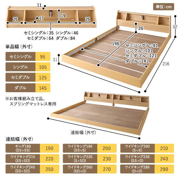 【することが】 ベッド 日本製 低床 連結 ロータイプ 木製 照明付き 棚付き コンセント付き シンプル モダン ナチュラル シングル 日本製ポケットコイルマットレス付き：Chiba Mart 　店 けができず
