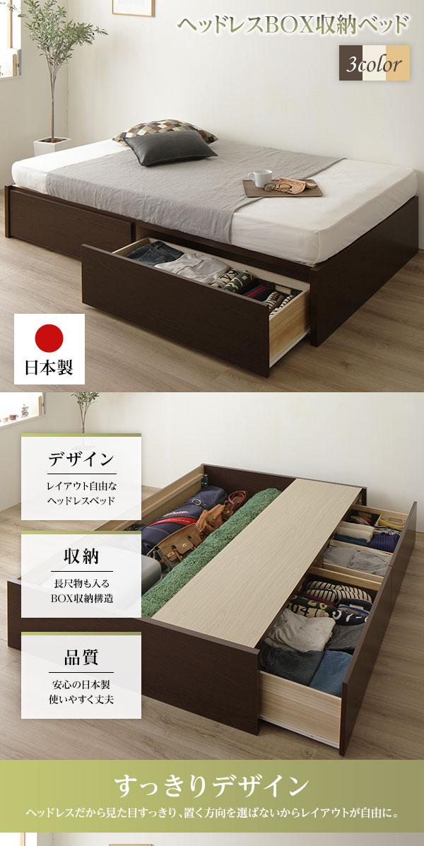 日本製 ヘッドレス ボックス収納 ベッド セミシングルサイズ 国産ポケットコイルマ...