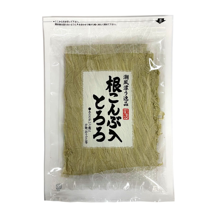 根こんぶ入とろろ 内容量 80g サイズ 袋　約19cm×28cm 原材料名 昆布（国産）、醸造酢、還元水飴／調味料（アミノ酸）、甘味料（ステビア）、増粘剤（プルラン） 保存方法 直射日光、高温多湿を避けて常温で保存して下さい。開封後は湿気を避けて保存し、なるべくお早めにお召し上がりください。 賞味期限 約180日（未開封） お届方法 ※この商品は[常温便]での発送となります。 同梱可能 商品 ※冷蔵便にはクール料金がかかります。 ※この商品は、基本的に【冷凍商品】との同梱はしておりません。冷凍商品と同時にご注文の場合は、2個口になり別途冷凍便の送料がかかります。 ただし、冷凍商品混合の場合、商品が凍る事をご了解いただいた上、常温商品・冷蔵商品・冷凍商品をおまとめしての配送は可能です。 冷凍商品混合でのご注文があった場合は、ご了承いただいているということで、冷凍便にて発送いたします。 栄養成分表示／100gあたり (推定値) エネルギー129kcal たんぱく質4.8g 脂質2.2g 炭水化物54.6g 食塩相当量6.1g