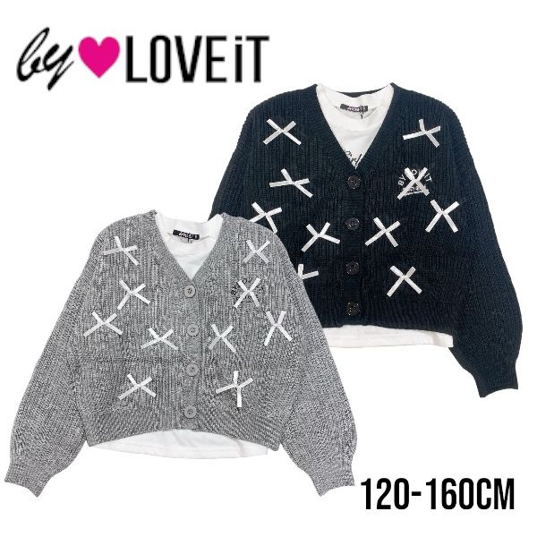 【2024秋冬新作】by LOVEiT リボンカーディガン・Tシャツセット No.7843228（ 子供服 女の子 キッズ トドラー ジュニア バイラビット トップス 長袖 ニット カーディガン リボン インナー ロンT SET 2枚 カジュアル 着回し お洒落 クロ グレー 秋 冬 ）のサムネイル