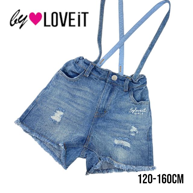 【2023春物新作】by LOVEiT サス付きダメージデニムパンツ 7831108（ 子供服 女の子 キッズ トドラー ジュニア バイラビット ボトム デニム ダメージ ショート パンツ 3分丈 シンプル カジュアル 可愛い ナルミヤインターナショナル 紺 ネイビー デニム 春物 ）のサムネイル