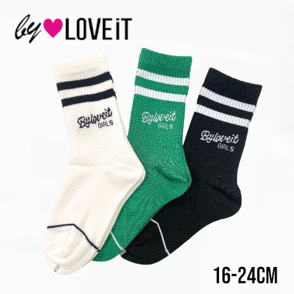 【2023春物新作】by LOVEiT クルーソックス 7831413（子供服 女の子 キッズ トドラー ジュニア 可愛い バイラビット ナルミヤインターナショナル 靴下 クルー ソックス カジュアル ストリート ライン 白 オフ ホワイト 緑 グリーン 黒 ブラック 秋服 冬服 オールシーズン ）のサムネイル