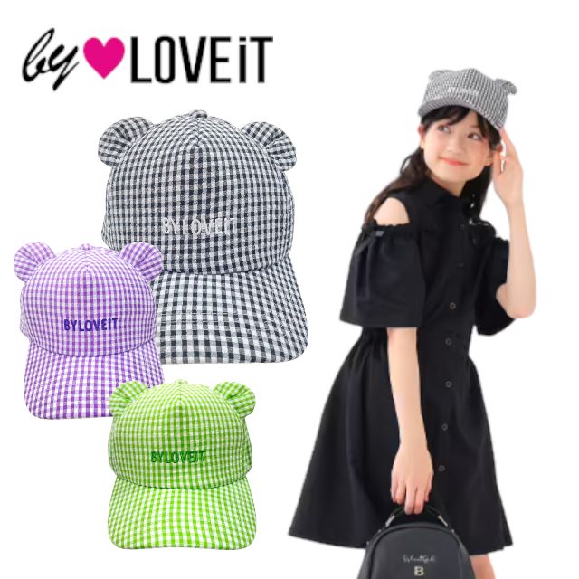 【2023春物新作】by LOVEiT クマ耳ギンガムチェックキャップ 7831430 【あす楽対応】（ 子供服 女の子 バイラビット ナルミヤインターナショナル キッズ トドラー ジュニア 春物 小物 帽子 クマ耳 くま キャップ チェック 可愛い カジュアル ガーリー 黒 ブラック 秋 冬 ）のサムネイル