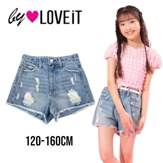 【2023春夏新作】by LOVEiT ダメージデニムショートパンツ 7832132（ 子供服 女の子 キッズ トドラー ジュニア バイラビット ボトムス ショート パンツ SP ダメージ加工 デニム オシャレ カジュアル 流行 お出掛け 着回し 学校 可愛い ブルー 春 夏 秋 ）のサムネイル