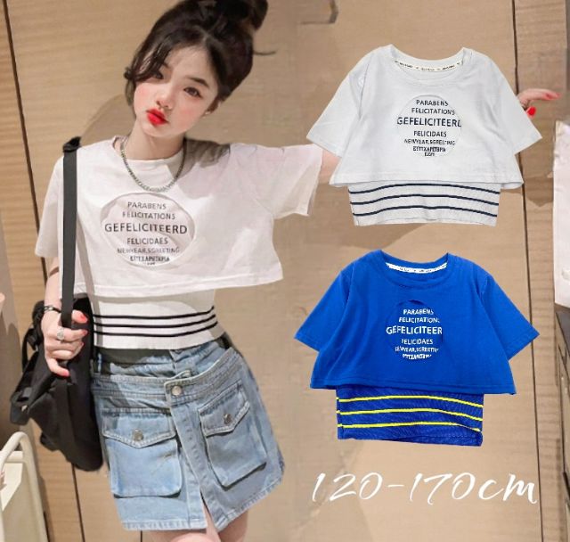 韓国子供服 レイヤードショートTee No.230404-01 韓国ファッション キッズ 半袖Tシャツ 大人っぽい へそ出し シンプル 半袖 短丈 女の子 ダンス かっこいい 可愛い 白青 オシャレ 夏 モノトーン 人気 子供服 Cheeky ちーきー 新作