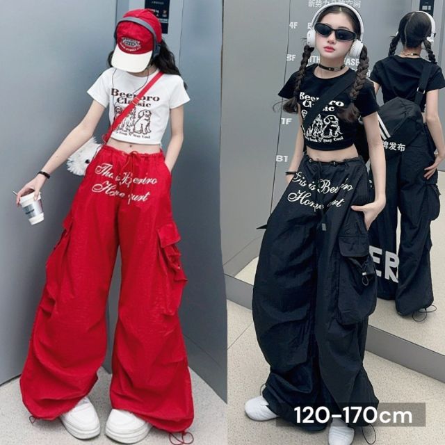 海外子供服 DogチビT＆メッセージナイロンパンツ No.250407-04 韓国ファッション ロングパンツ カーゴ..