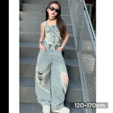 海外子供服 デニムビスチェセットアップ No.250414-04 韓国ファッション ロングパンツ キャミ ギャル ボトムス ダメージデニム キッズ 大人っぽい ...