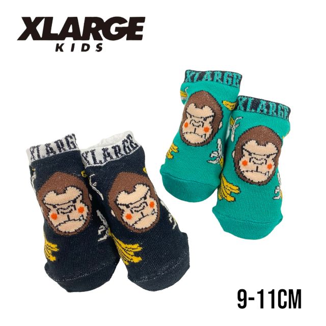 X-LARGE KIDS xlarge ファニーゴリラ＆バナナベビーソックス No.9432508 エクストララージキッズ（ 子供服 男の子 ベビー エックスラージ ソックス カップソックス 新生児 ギフト 小物 出産祝い 総柄 ゴリラ バナナ クロ グリーン オールシーズン ）