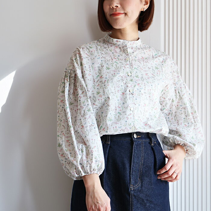 樂天商城 - リバティ ブラウス　ぽわんと袖ブラウス　＜セオ＞シャツブラウス　バルーン袖　ゆったり　楽ブラウス　リバティプリント　フリー　日本製