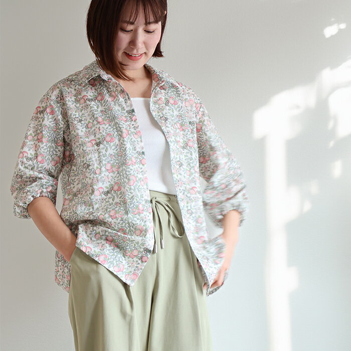 Rakuten - リバティ カフェシャツ　＜オーチャード ＞　やさしい時間　前ボタン　袖ゴム　ゆったり　ブラウス　Lサイズ　日本製