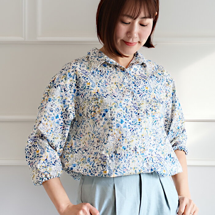 樂天商城 - リバティ カフェシャツ　＜フェルダ＞　やさしい時間　前ボタン　袖ゴム　ゆったり　ブラウス　Lサイズ　日本製