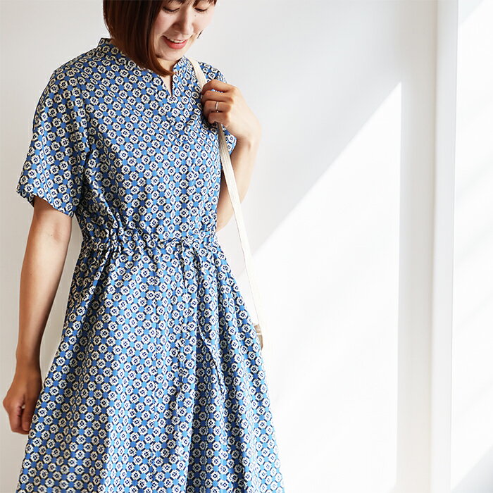 樂天商城 - リバティ 半袖ワンピ　スキッパーOP　＜レミーエズラ＞　レトロ　リゾートワンピ　CLIOシリーズ　楽　ゆったり　着やせ　リバティプリント