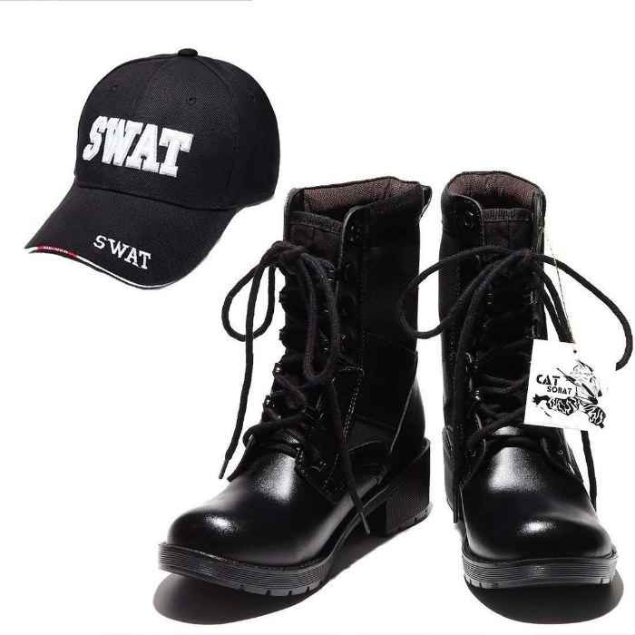 SWAT コスプレ タクティカルブーツ キャップ セット ハロウィン コスプレ 仮装 SWATコス 特殊部隊 SWAT SWATキャップ サバイバルゲーム ブーツ ブラック 黒 サバゲー 登山 作業用