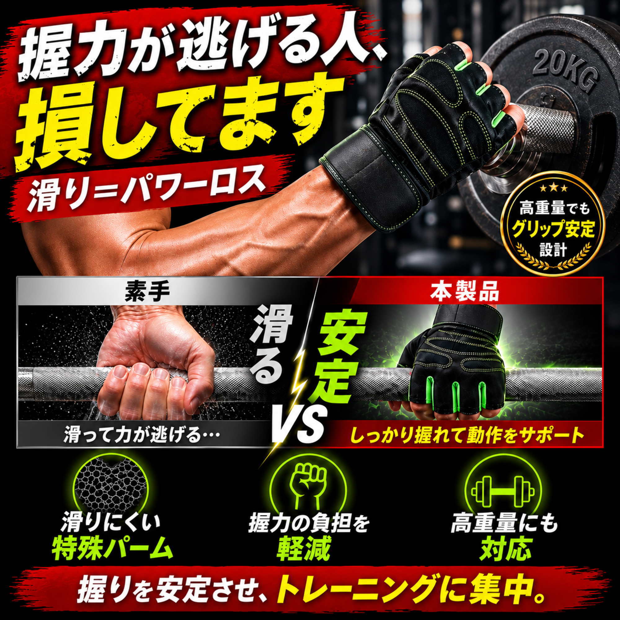 【PRO SPEC】トレーニンググローブ 筋トレ 握力補助 手首ガード バーベル 懸垂 ジム ダンベル 男女兼用 滑り止め 手袋 CATSOBAT™ 【メーカー30日保証】 (2)