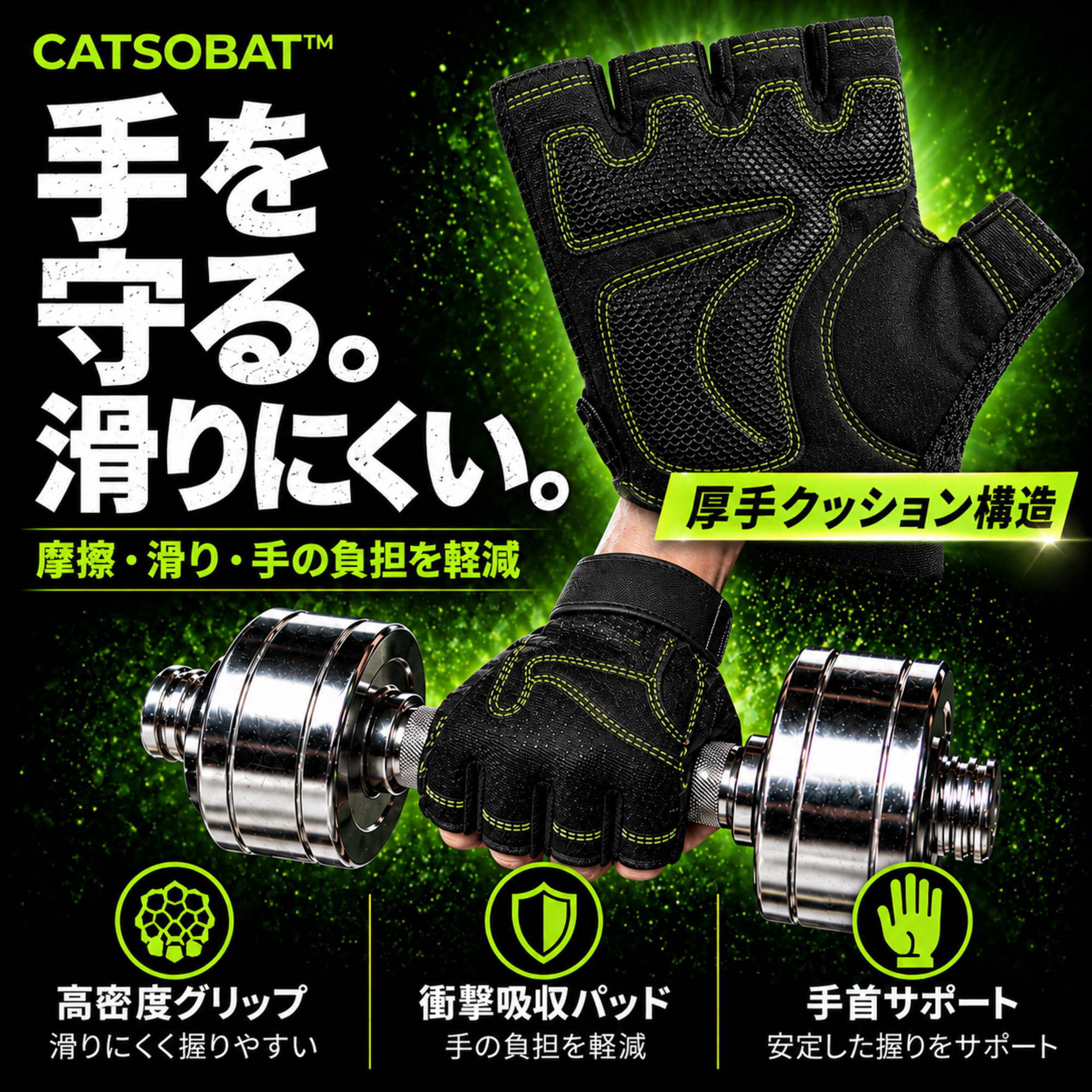 【PRO SPEC】トレーニンググローブ 筋トレ 握力補助 手首ガード バーベル 懸垂 ジム ダンベル 男女兼用 滑り止め 手袋 CATSOBAT™ 【メーカー30日保証】 (3)