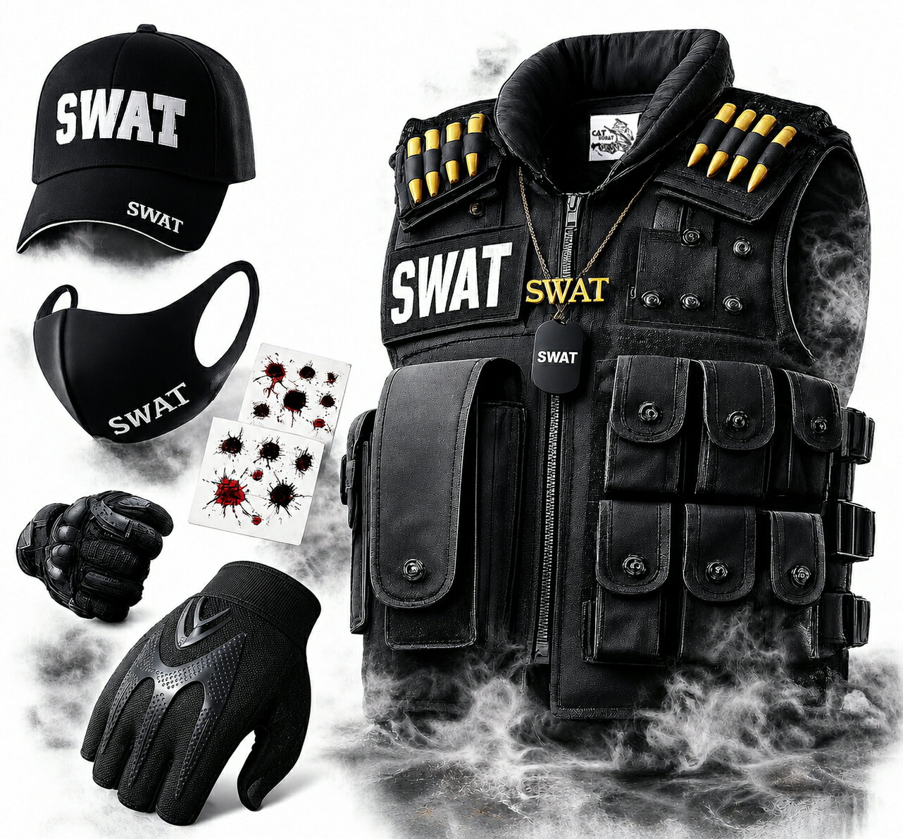 【豪華6点セット】 SWATベスト ハロウィン コスプレ タクティカルベスト キャップ グローブ ネックレス サバゲー ミリタリー装備 男女兼用 子供用 ブラック【メーカー30日保証付き】