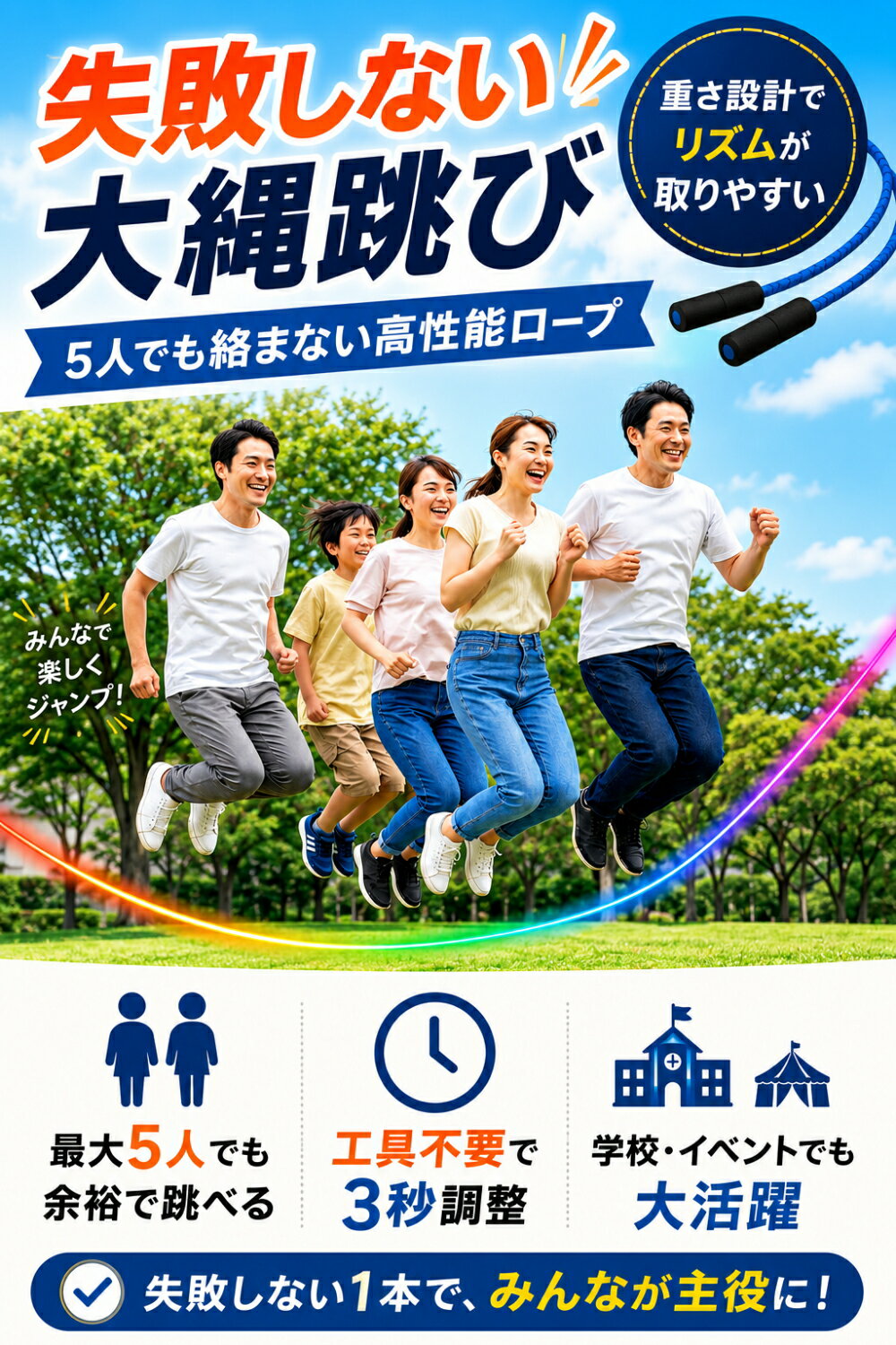 長縄跳び 大縄 5m 運動会 小学校用 木製グリップ【メーカー30日保証付き】 3