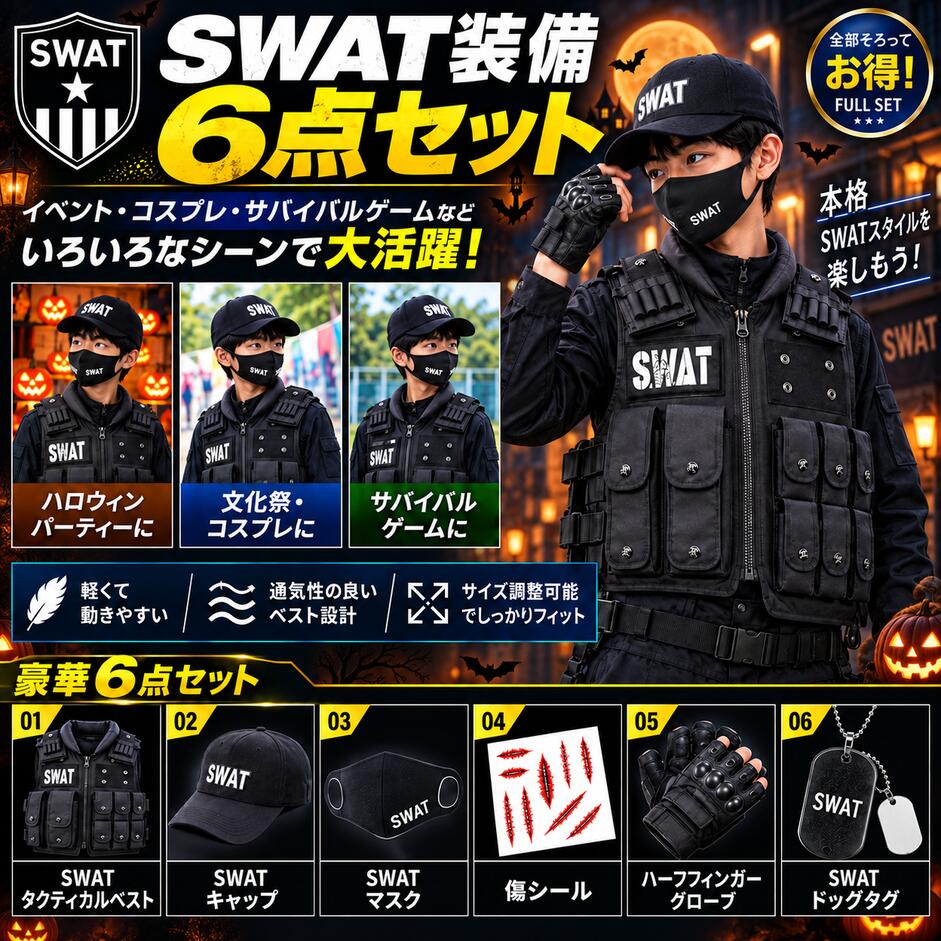 SWATコスプレ フルセット タクティカルベスト 大人用 子供用 USJ ハロウィン ホラーナイト 仮装 サバゲー ミリタリー コスチューム 商品画像3