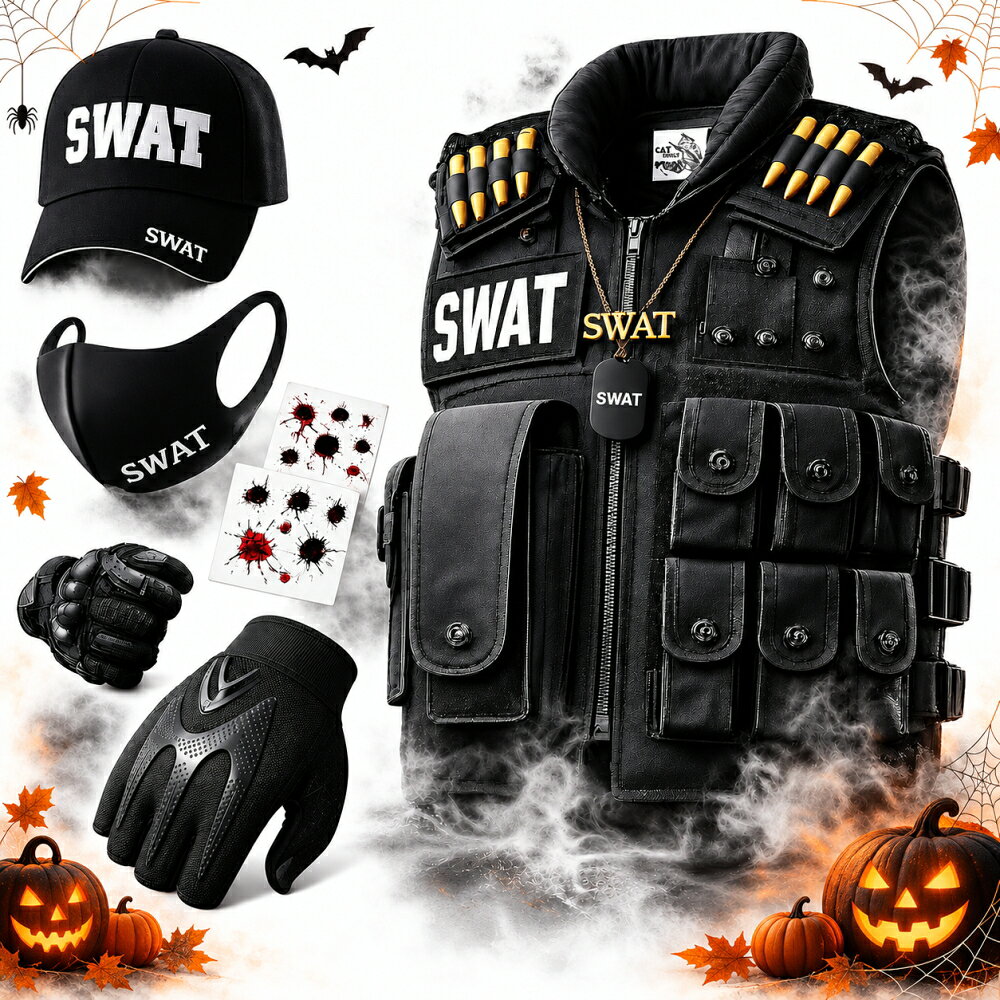【最短翌日お届け】ハロウィン コスプレ SWAT ベスト タクティカルベスト SWATキャップ タクティカルグローブ フルセット 仮装 衣装 メンズ レディース