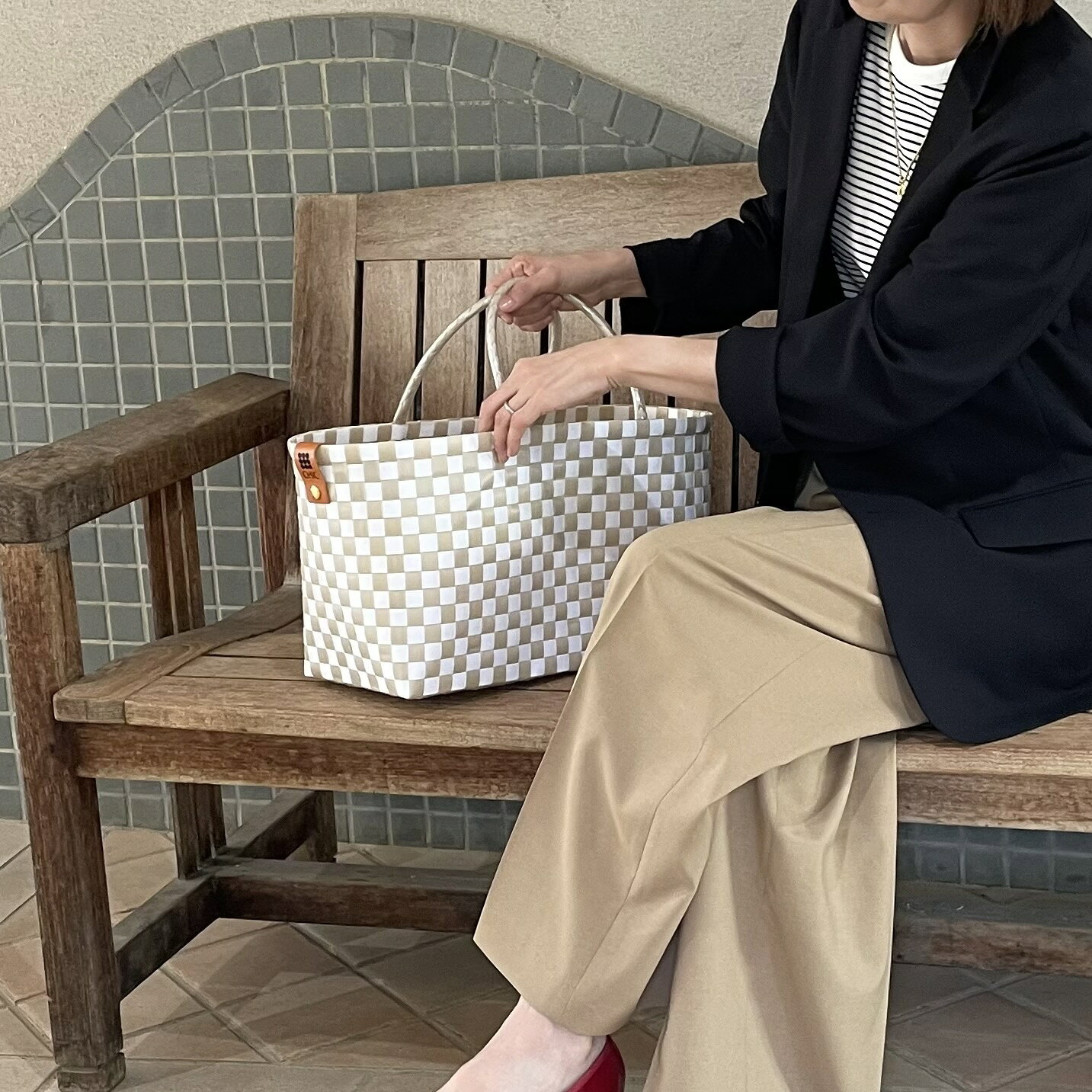 Wide M ＜Tile Continue＞カゴバッグ プラカゴ レディースバッグ トートバッグ ハンドバッグ おしゃれ 丈夫 洗える 軽い 耐水 体に優しい 美容 オールシーズン 年中 通勤 習い事 温泉 プレゼント 誕生日 母の日 お礼 人気 冬のカゴバッグ 夏のカゴバッグ