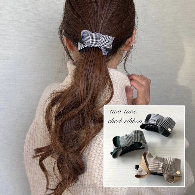 Hair Clips - バナナクリップ【two tone check ribbon】ヘアアクセサリー ヘアクリップ クリスマス　プレゼント リボン 花 バレッタ バナナクリップアーチ型 大きめ 小さめ しっかり シンプル 黒 高級 スカーフ 可愛い おしゃれ バンスクリップ パーティー 左利き