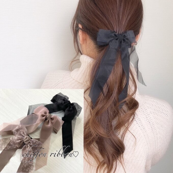 Rakuten - バナナクリップ【chiffon ribbon】ヘアアクセサリー ヘアクリップ クリスマス　プレゼント リボン 花 バレッタ バナナクリップアーチ型 大きめ 小さめ しっかり シンプル 黒 高級 スカーフ 可愛い おしゃれ バンスクリップ パーティー 左利き