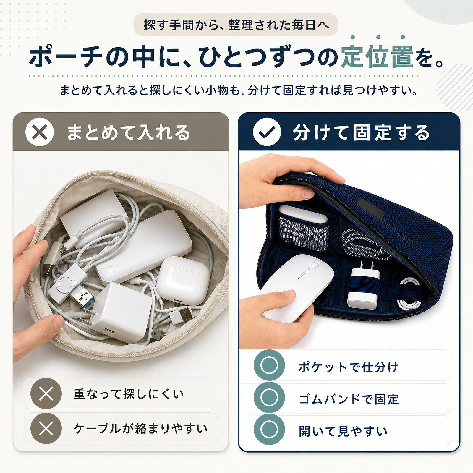 ガジェットポーチ 収納ポーチ トラベルポーチ ケーブルポーチ 充電器ポーチ 小物入れ バッグインバッグ クッション メッシュポケット 持ち運び メイク 旅行 出張 メンズ レディース モバイルバッテリー 鞄収納 小物収納 内ポケット ポーチ 鞄整理 chickennanban-10000170 チョットイイモノストア サンプル画像2