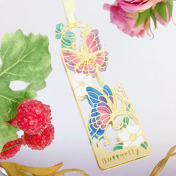 ステンドグラス 風 ブックマーカー 【 蝶 】/ 金属 銅 ゴールド 金色 透明 綺麗 可愛い 蝶々 柄 おしゃれ ちょうちょ チョウ しおり 【 智光のサムネイル