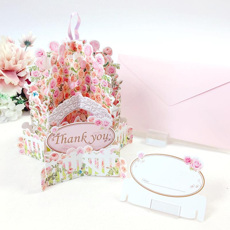 立体 グリーティング カード  花柄 薔薇 ばら ローズ 封筒付 ギフト メッセージカード プレゼント 可愛い ピンク 庭園 リボン 