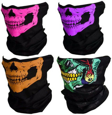 【P11倍_ワンダフルデー】4枚入 マスクスカル フェイス ネックウォーマー ハーフ フェイスマスク 防風 防塵 着脱簡単バイクに仮装 サバゲ ーに スカル フェイス マスク 男女兼用 パープル オレンジ ピンク 混色