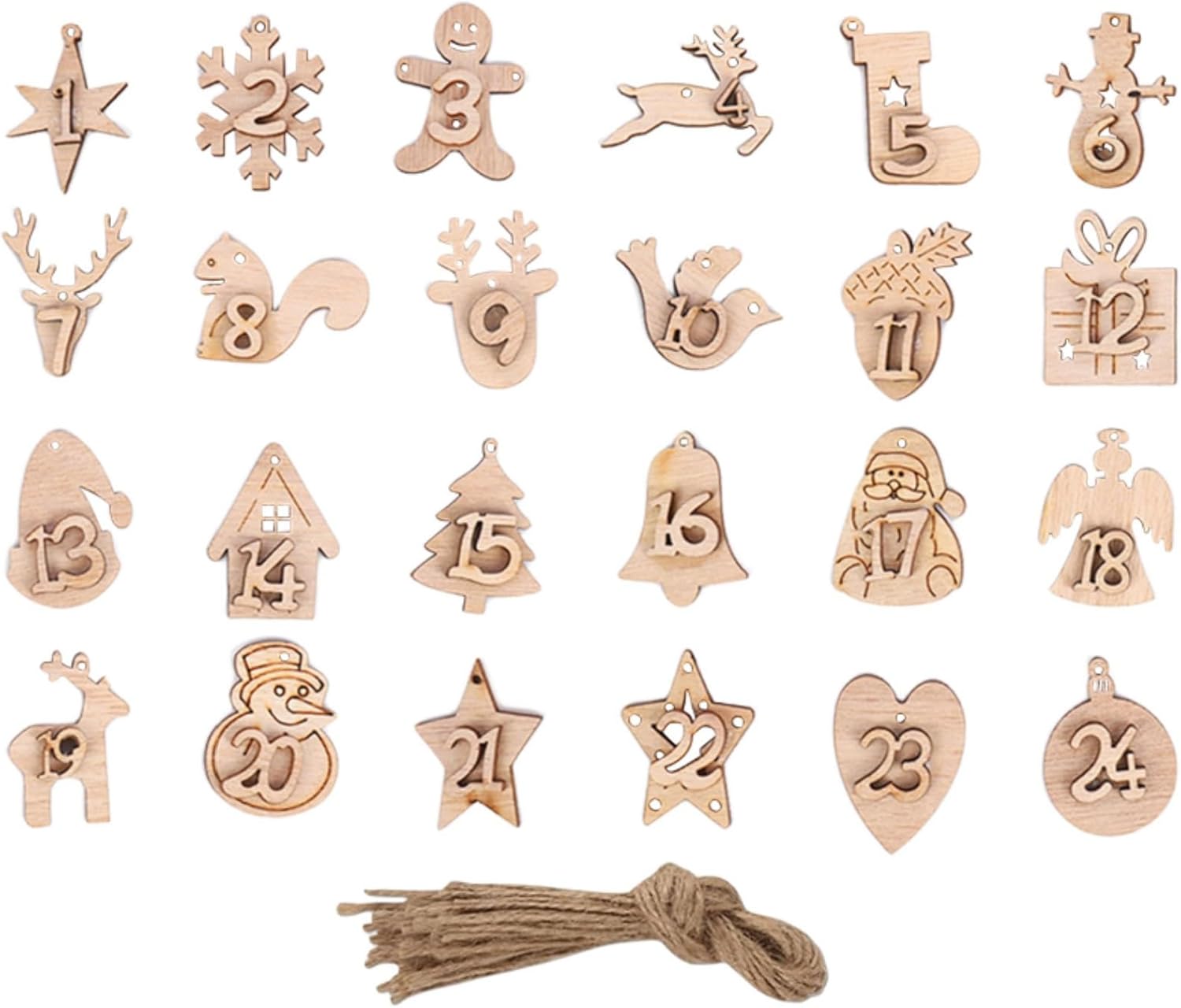 クリスマスオーナメント クリスマスカウントダウン アドベントカレンダー 木製 番号 麻紐付き 数字 ペンダント ギフトタグ クリスマスツリー ラッピング袋 飾り