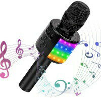 【ポイント5倍_お買い物マラソン】カラオケマイク ブルートゥース ワイヤレスマイク LEDライト付き&イヤフォンジャック付き 大容量2600mAh TFカード機能 Android/iPhone/PCに対応 ブラック 黒