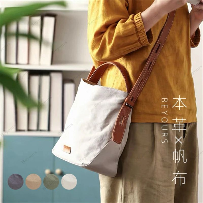 本革キャンバス B5収納 ハンドバッグ ミニトートバッグ 斜めがけ 厚手 本革 牛革 帆布 バッグ 2WAY トートバッグ ボストンバッグ 持ち