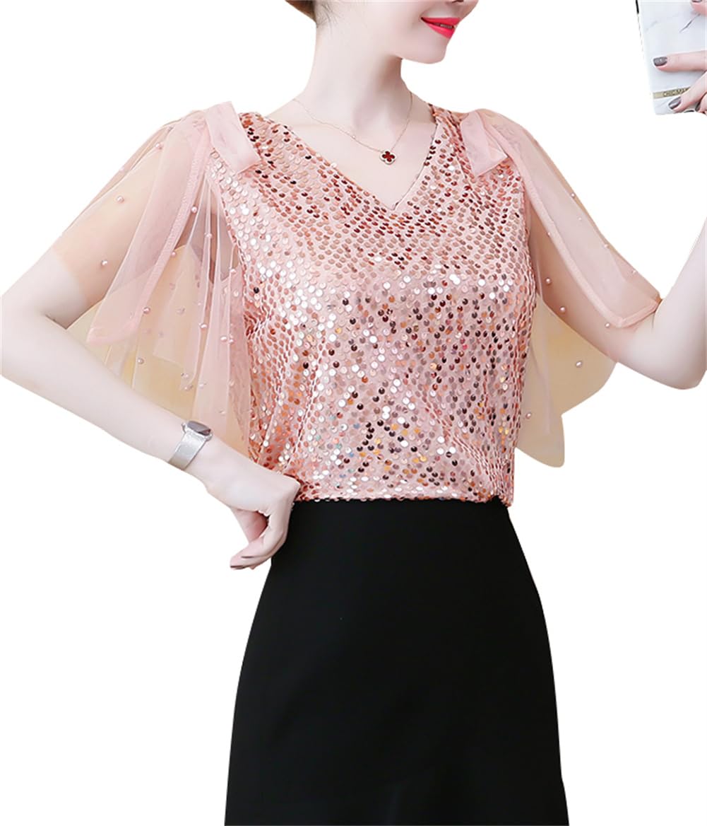 Rakuten - tシャツ レディース スパンコール チュール Vネック シフォン ス シャツ ブラウス ゆったり 大きいサイズ オシャレ 無地 ノースリーブ リボン飾り プルオーバー 上品 夏 ピンクシャツ