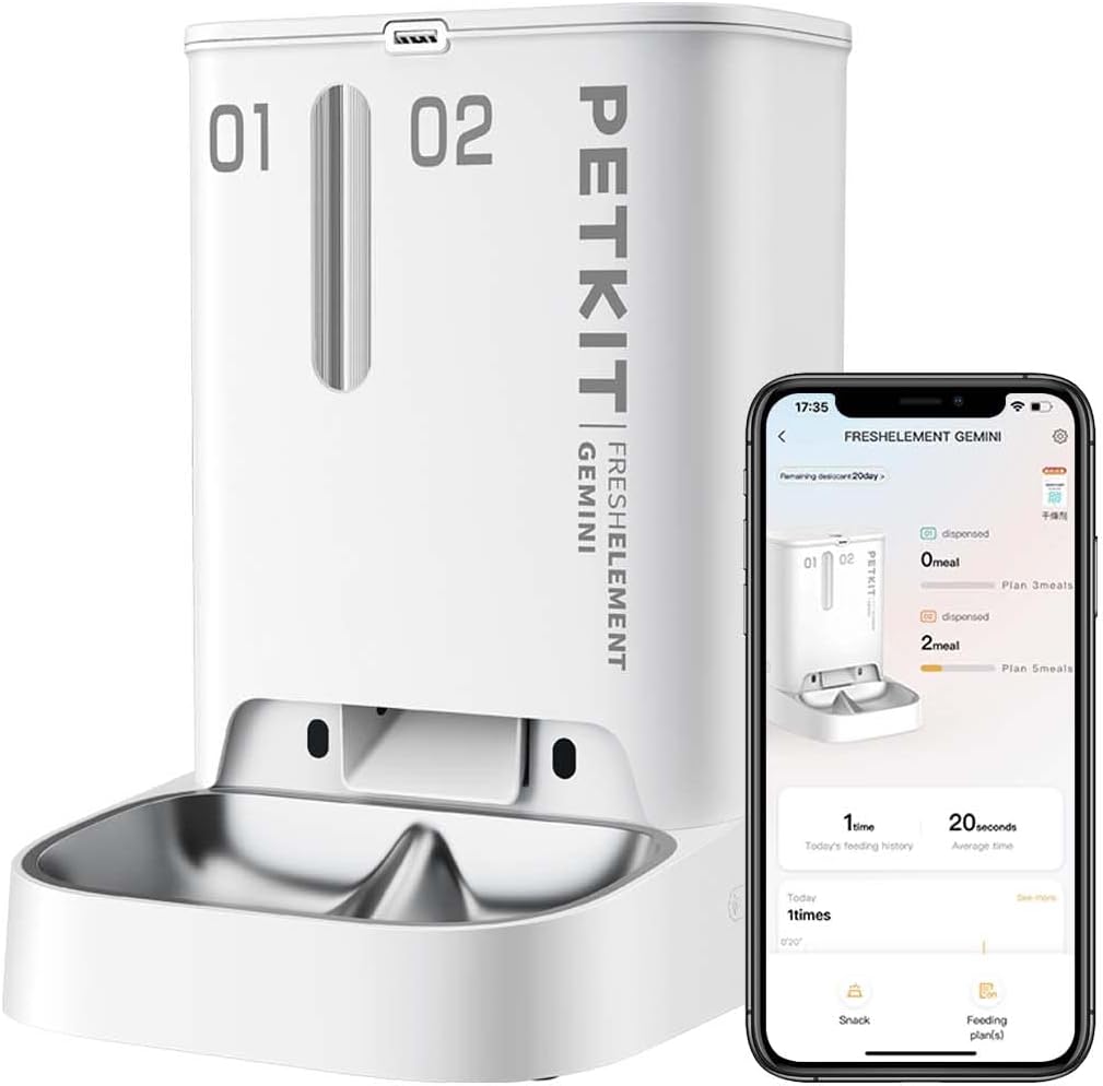 【PETKIT GEMINI】 自動給餌器 (カメラなし) 猫 中小型犬用 タンク二層化 透明な窓口 感知センサーを搭載 タイマー式 スマホ管理 2WAY給電 IOS Android対応 日本語対応アプリ GEMINI (5L) ペットキット