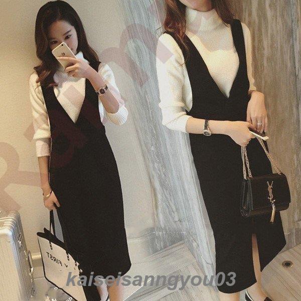 ニットワンピース セットアップ レディース 秋 冬 きれいめ 膝丈ワンピース 40代 vネック スリットスカート サロペット 長袖ニット オシャレ 黒ワンピ単品