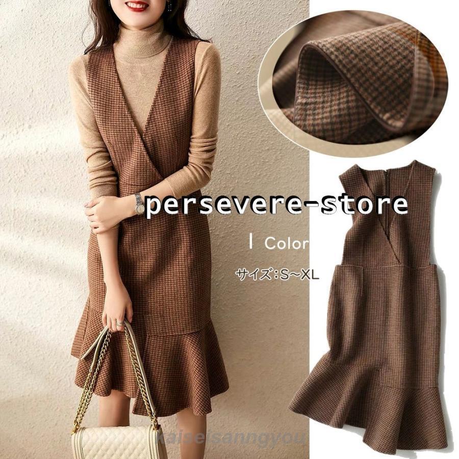 ジャンパースカート ワンピース Vネック 深Vネック 膝丈 ミディ丈 サロペット スカート 重ね着 大人 マタニティ フォーマル きれいめ オフィス カジュ