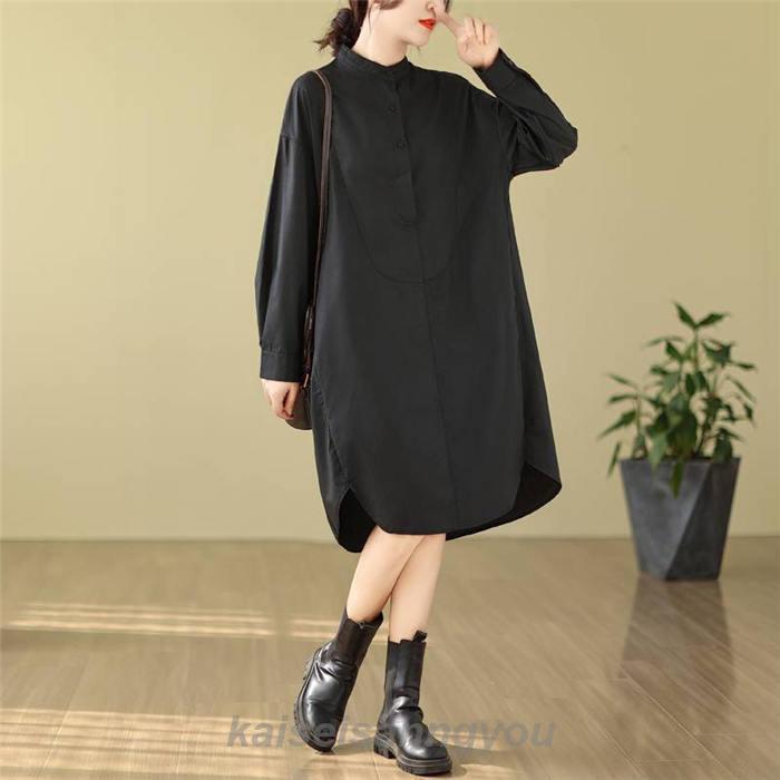 シャツワンピース レディース チュニックワンピース バンドカラー シャツ ワンピース 春 秋 大きいサイズ 長袖 白シャツ 重ね着 レイヤード チュニック プルオー