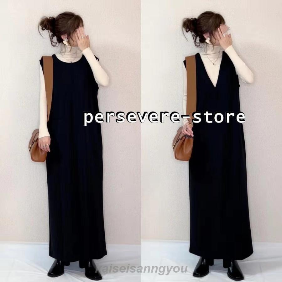 ワンピース 秋 冬 ワンピースきれいめ ジャンパースカート Vネック 膝下ワンピース 40代 スリットスカート サロペット ワンピ 1点ロングワンピース 春長袖