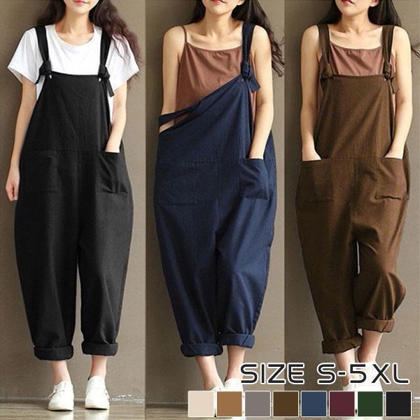 サロペット パンツ レディース オールインワン ワイドパンツ ゆったり サルエル ズボン ワーク ストライプ長さ調整可能 カジュアル ボトムス