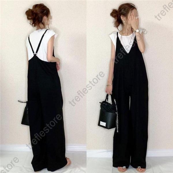 サロペット レディース オールインワン パンツ ワイドパンツ Vネック 涼しい ゆったり 春 夏 コンビネゾン 着痩せ ストライプ 無地 おしゃれ