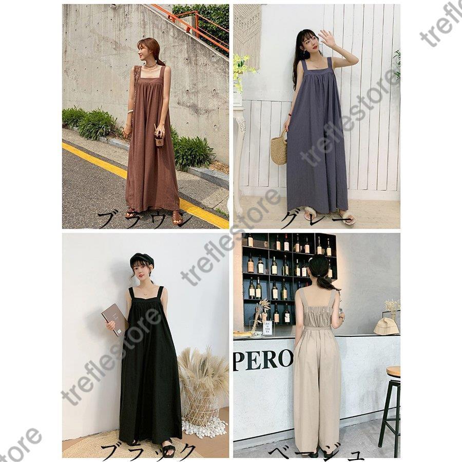 千陽ストアのサロペット オーバーオール パンツ レディース ロング丈 ワイドパンツ 春夏新作 ロングズボン 無地リネン ゆったり サロペット オシャレ ボトムス 韓国風｜アングル2