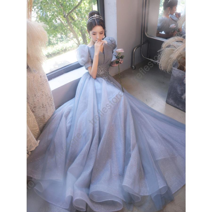 パーティードレス チュールドレス Aライン イブニングドレス パフスリーブ 半袖 長袖 ブルー ロングドレス 成人式 二次会 お呼ばれ 発表会 同窓会 誕生日ドレス