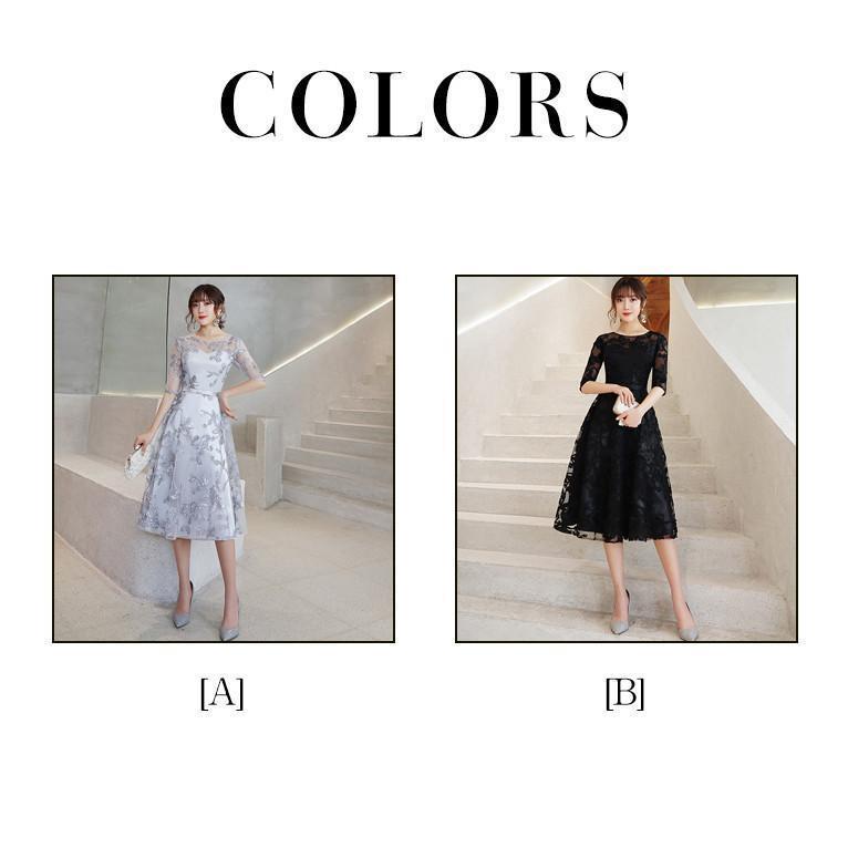 パーティードレス ミモレ丈 黒 グレー 5分袖 二次会 お呼ばれドレス Aライン 30代 40代 結婚式ドレス 袖あり イブニングドレス 発表会 演奏会ドレス