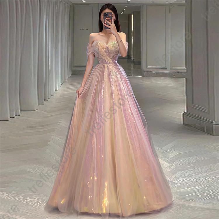 オフショルダー エンパイア 可愛いチュール ノースリーブ スパンコール パーティードレス 細身 ワンピース レディースドレス 花嫁ロングドレス