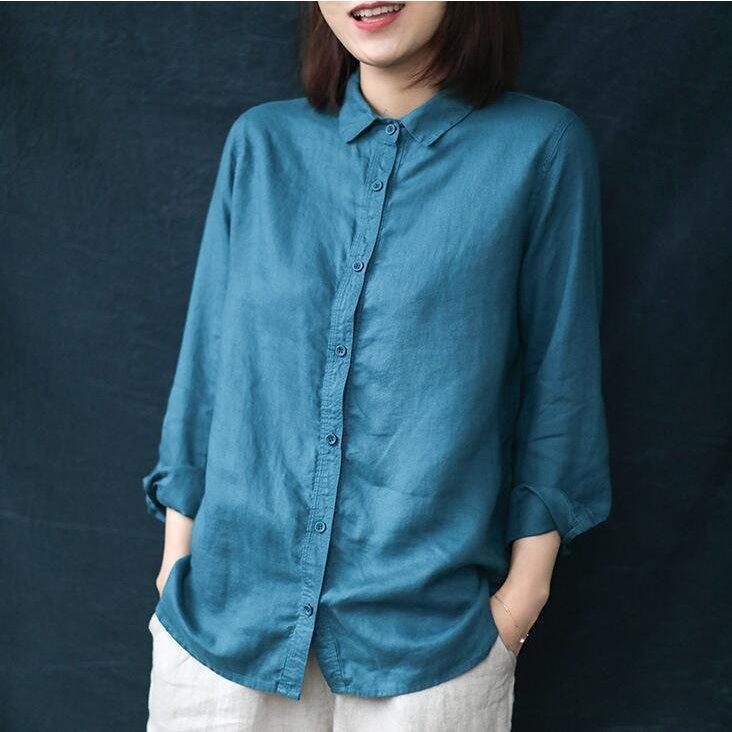 Rakuten - ブラウス レディース 春 シャツ リネン ロングシャツ 長袖 シャツブラウス 夏 チュニック トップス 立ち襟 大人 通勤 ゆったり 30代 40代